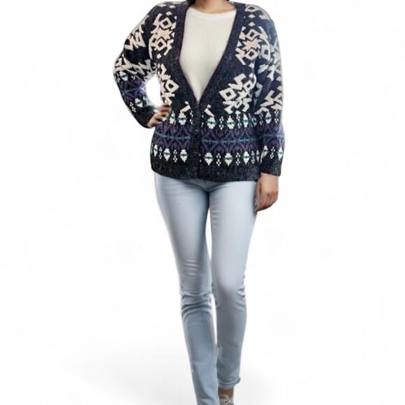 Vintage 90s snowflake cardigan sweater button down gray chunky knit winter - Picture 1 of 7